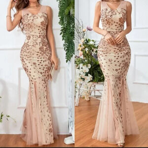 Luxe champagne contrast mesh slit thigh party formal evening bridesmaids dress